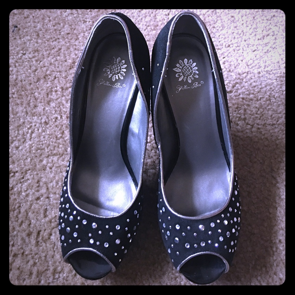 Yellow box platform rhinestone peeptoe heels