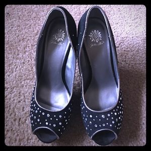 Yellow box platform rhinestone peeptoe heels