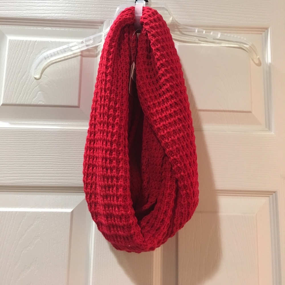 Bright red knit infinity scarf