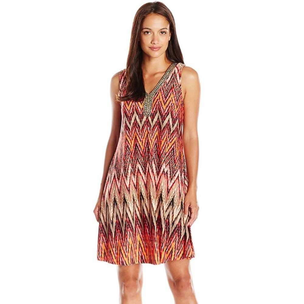 Sandra Darren Chevron Dress with Beaded Neckline