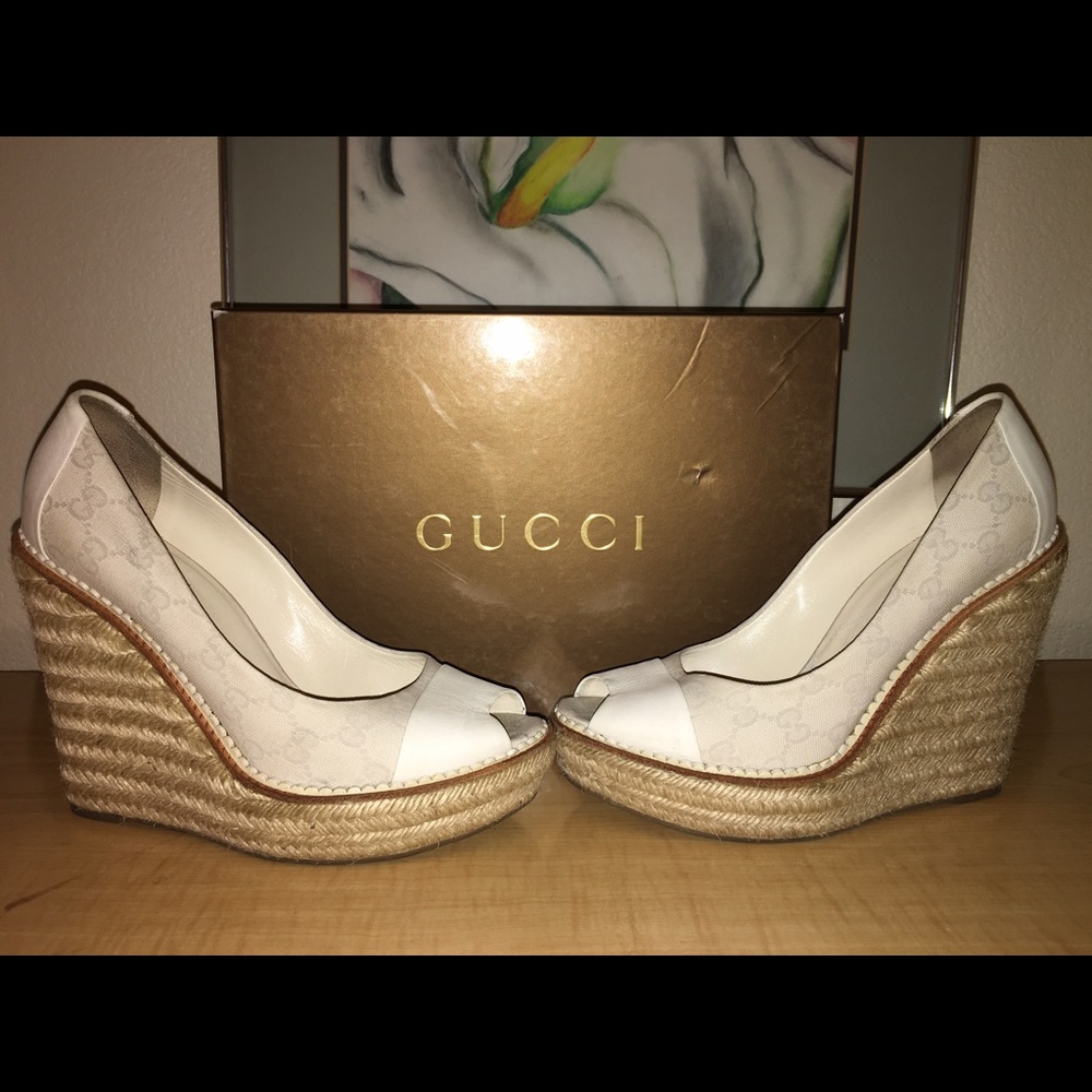 Gucci white cream monogram logo wedge platform