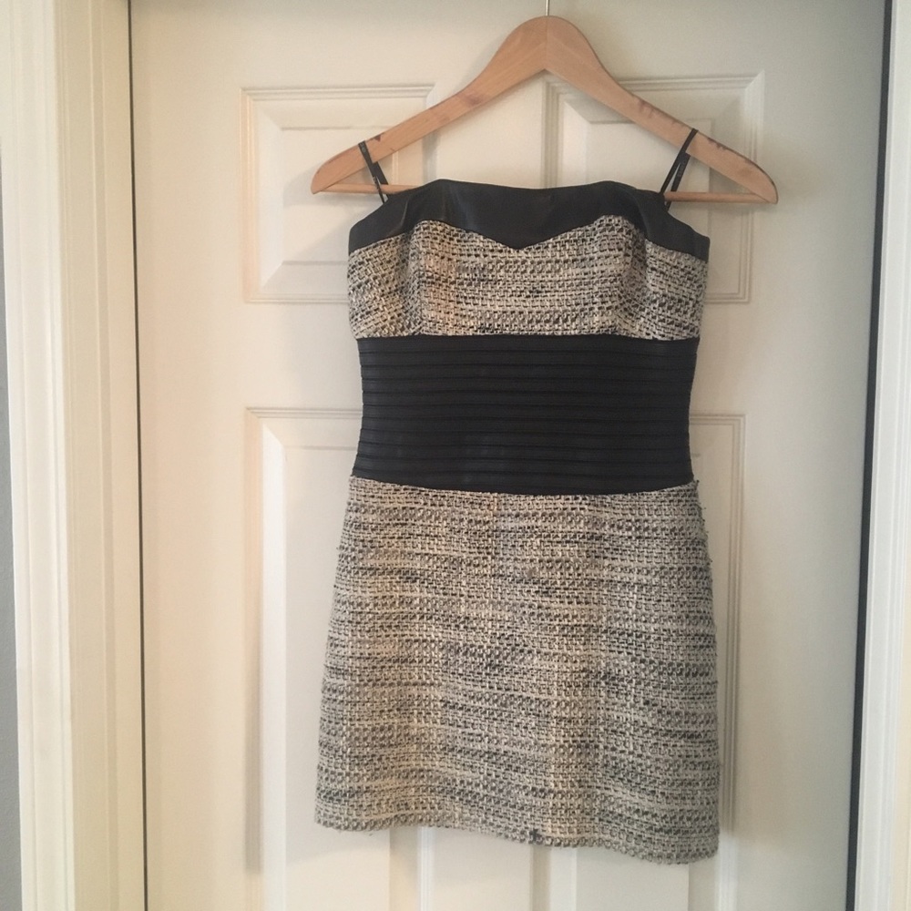 Bebe strapless tweed and faux leather dress