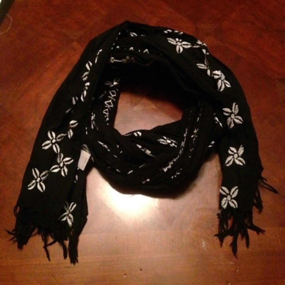 Black Scarf with White Embroidered Flowers