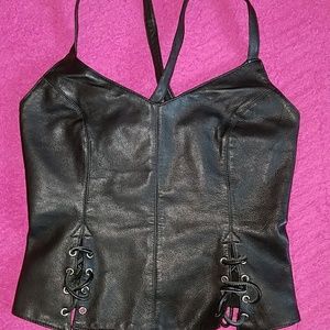 black leather crossback vest