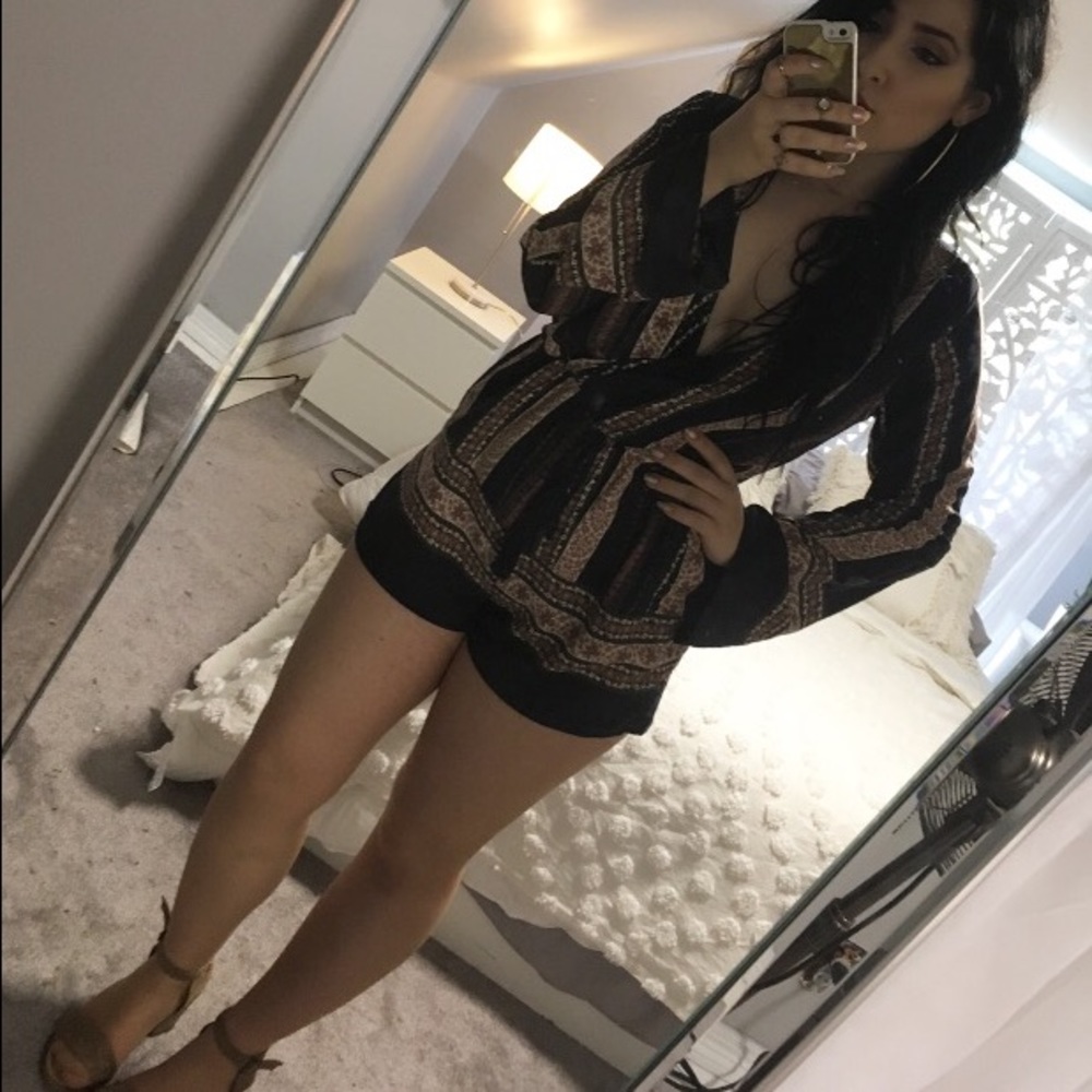 Cute long sleeve unique Boho Mixed Print Romper