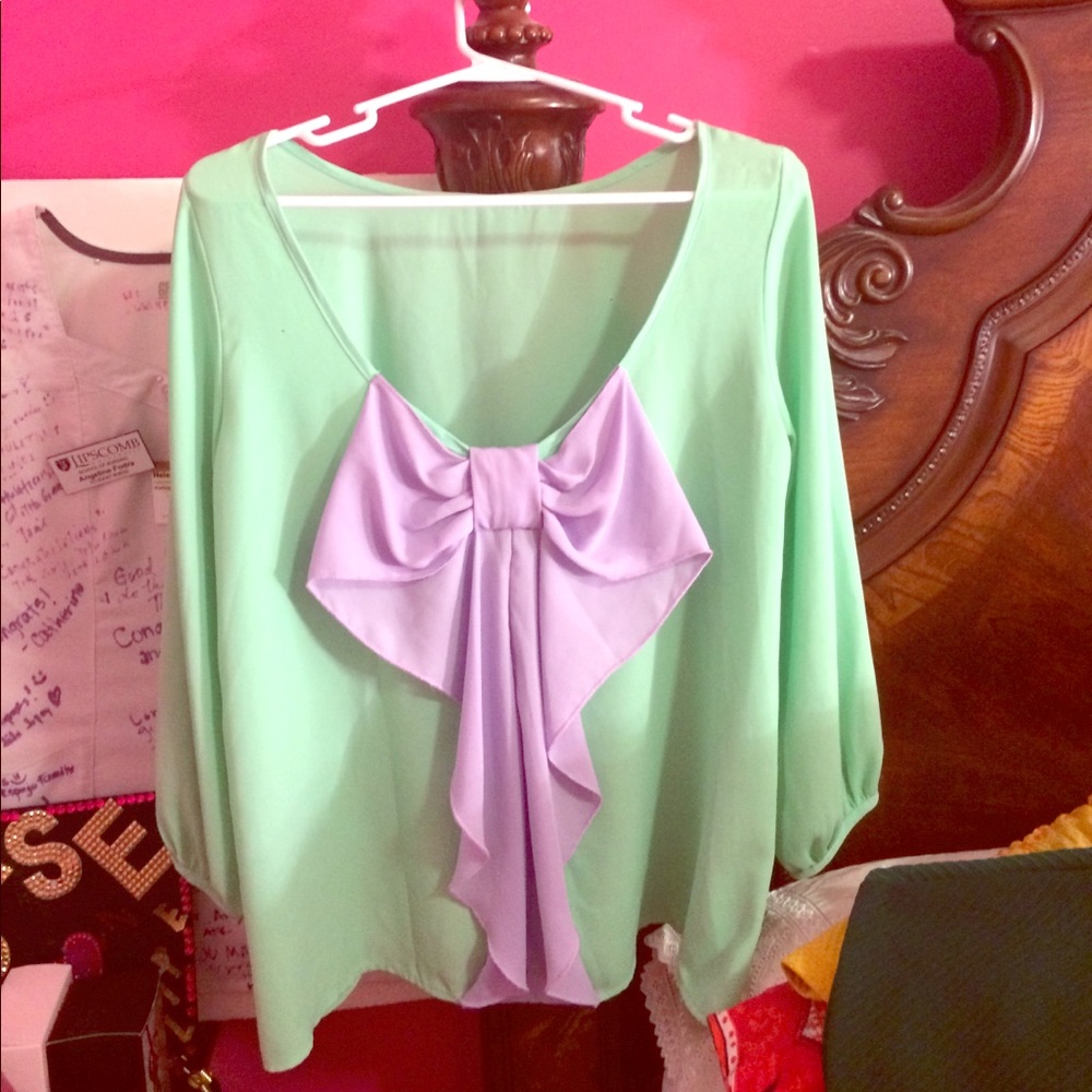 Bow back green and purple flowy blouse
