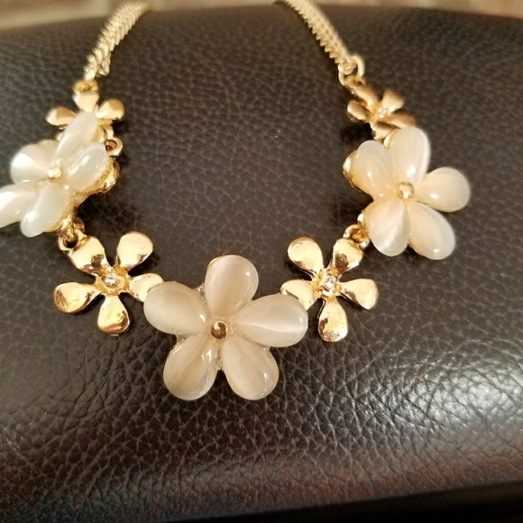 Necklace Flower Cats Eye Opal stones + Rhinestone - Picture 7 of 8