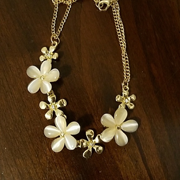 Necklace Flower Cats Eye Opal stones + Rhinestone - Picture 5 of 8