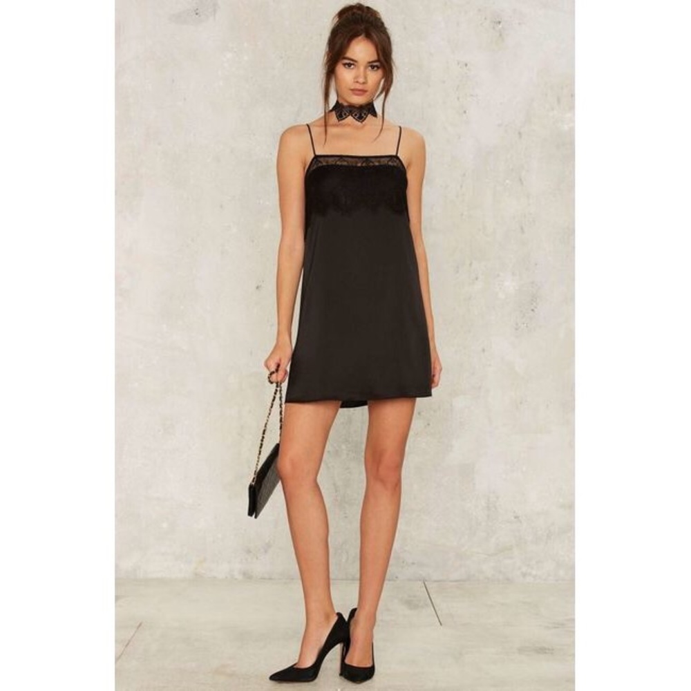 Too Bad Lace Trim Satin Cami Slip Dress - Black - Picture 2 of 4