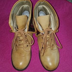wheat ankle boots with plaid and gray flap