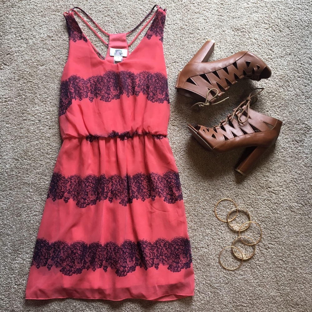 Pink Summer Dress with Navy Lace Printed Deisgn