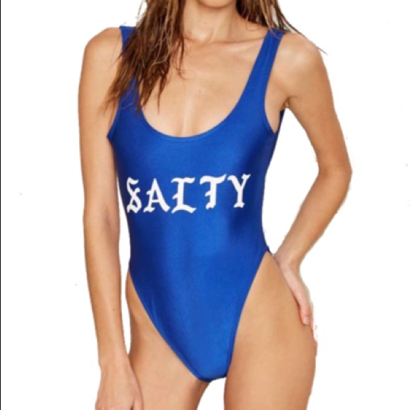 Blue Salty Printed One Piece SWIMSUIT High Cut NEW - Picture 3 of 4