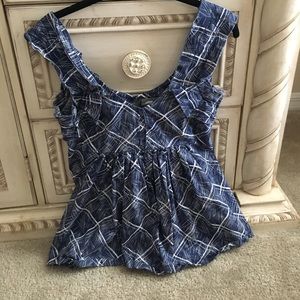 Anthropologie empire waist blue and white top
