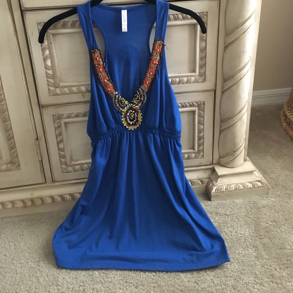Beaded blue cinched waist blouse