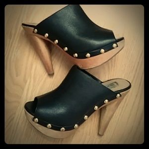 Black wooden platform mules