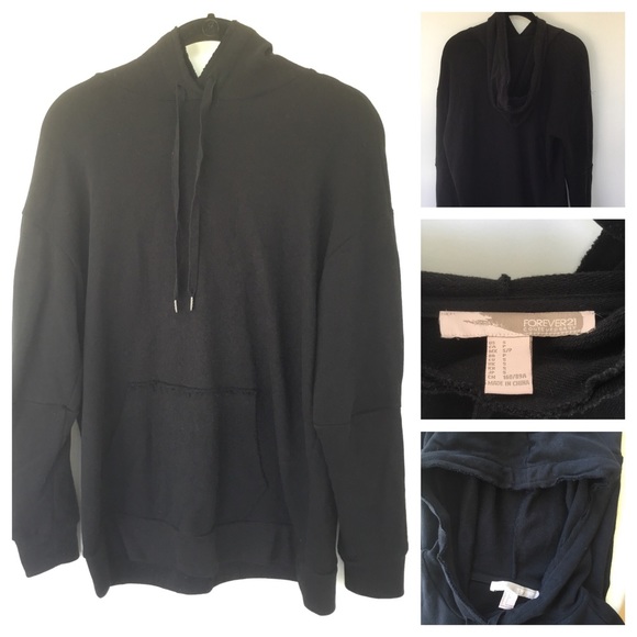 NWOT Forever 21 Frayed Drawstring Hoodie in Black - Picture 2 of 3