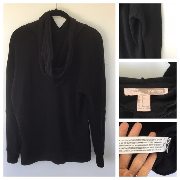 NWOT Forever 21 Frayed Drawstring Hoodie in Black - Picture 3 of 3