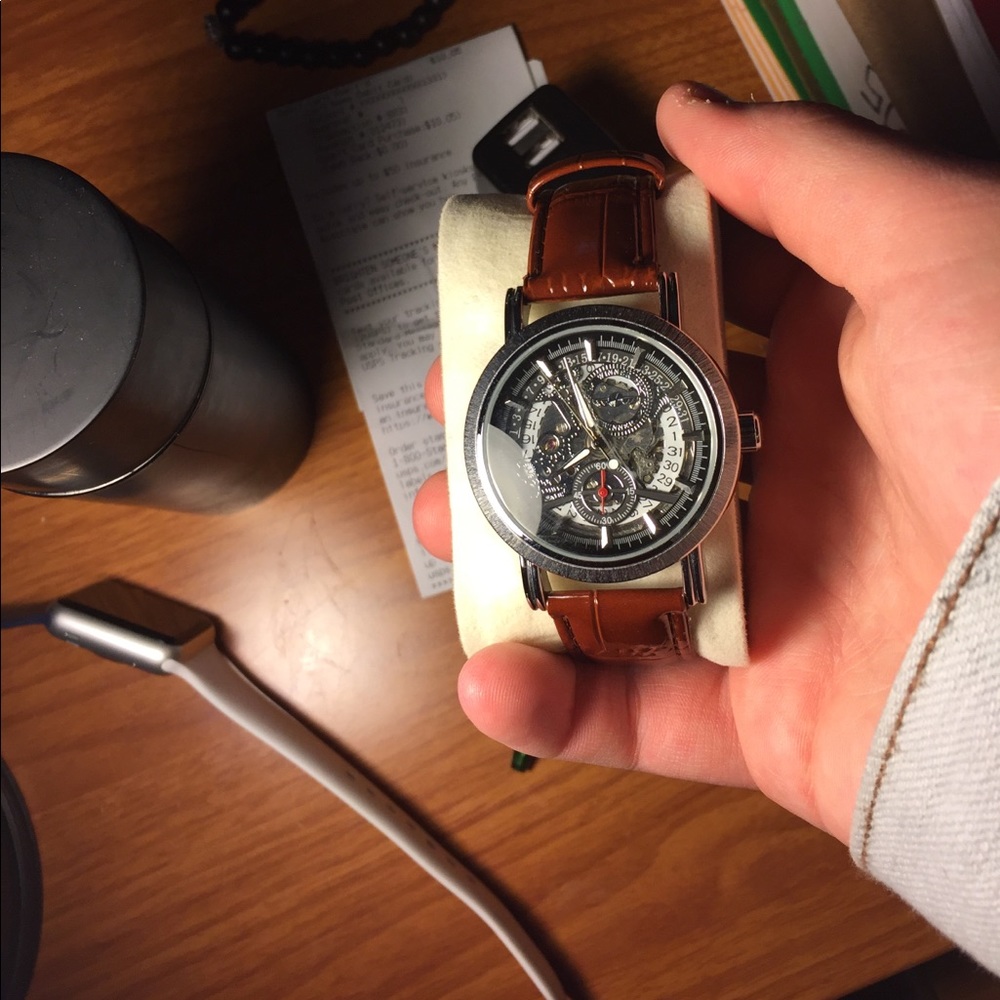 Mechanical skeleton watch! Brown and silver