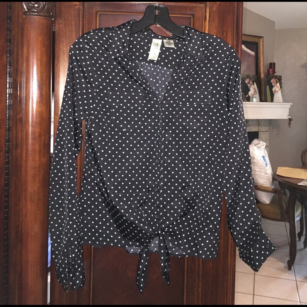 Black polka dot button down top