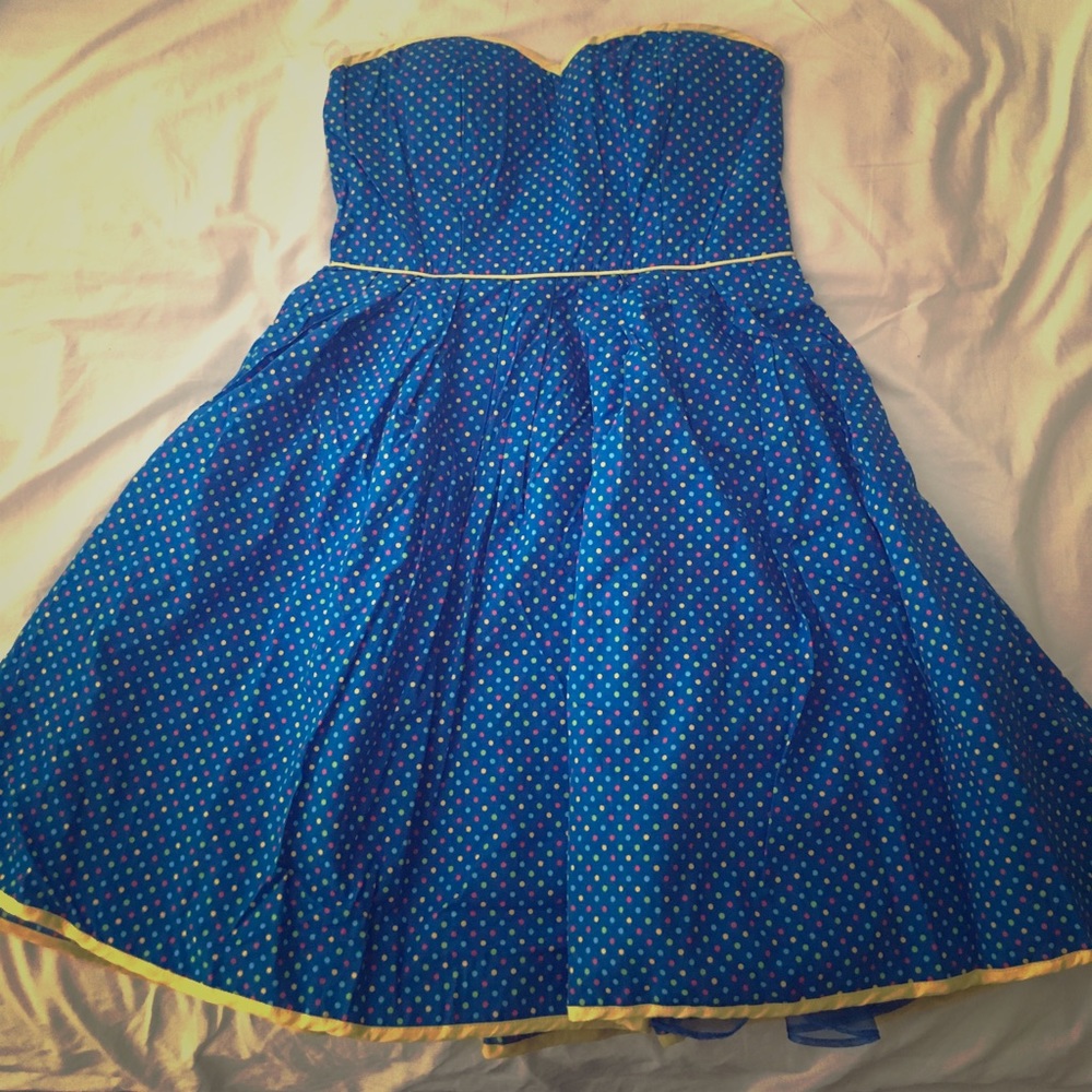Strapless blue polka dot dress