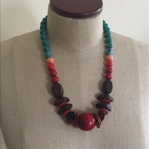 Handmade red and turquoise wood necklace