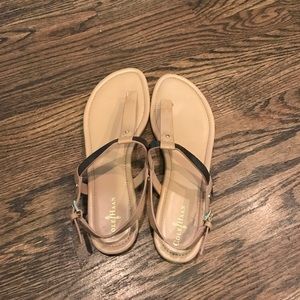 Cole Haan nude patent and bronze/gold sandals