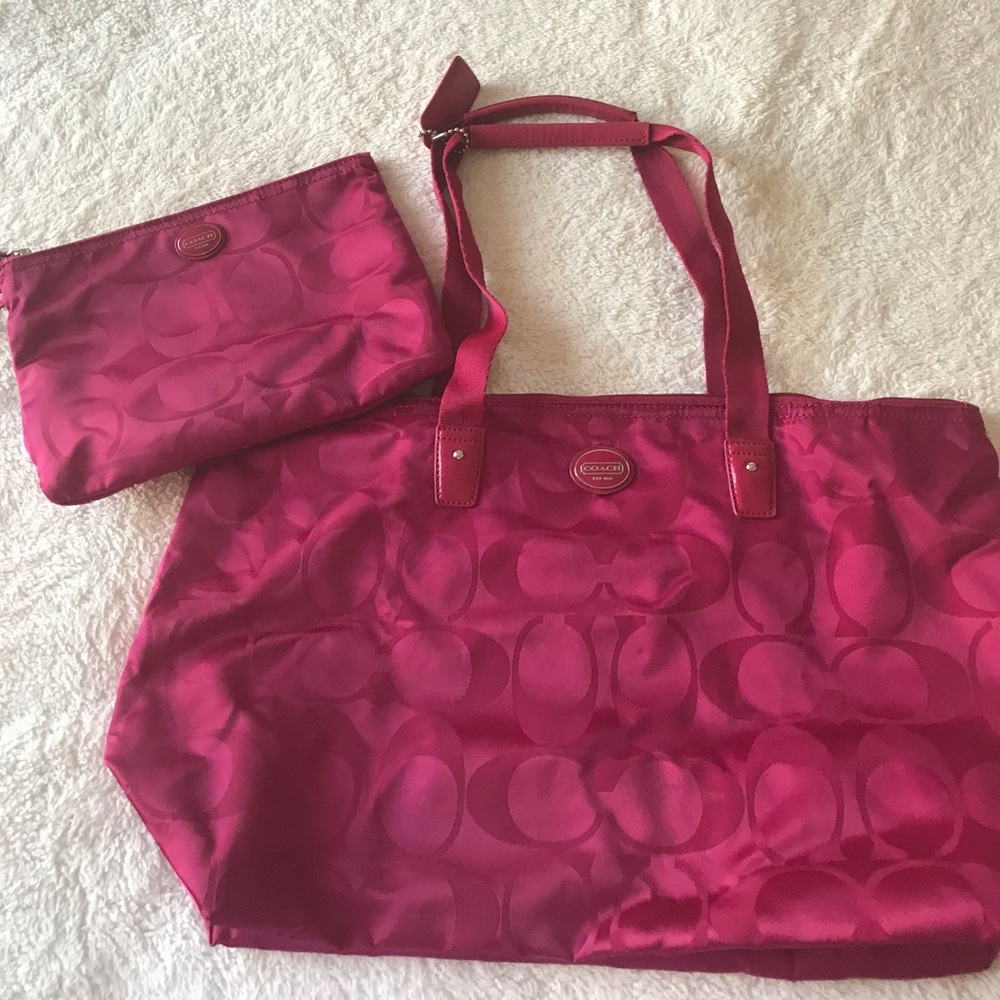 Coach tote with cosmetic attachment