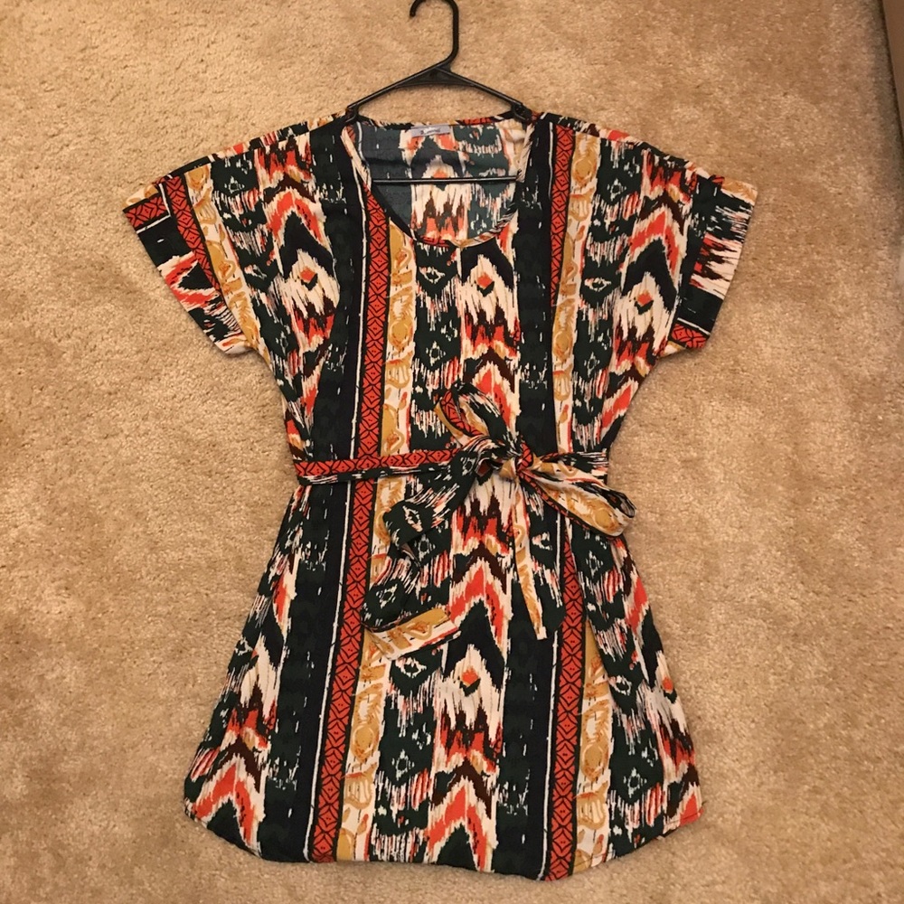 Orange Yellow Green Mini Dress with Belt