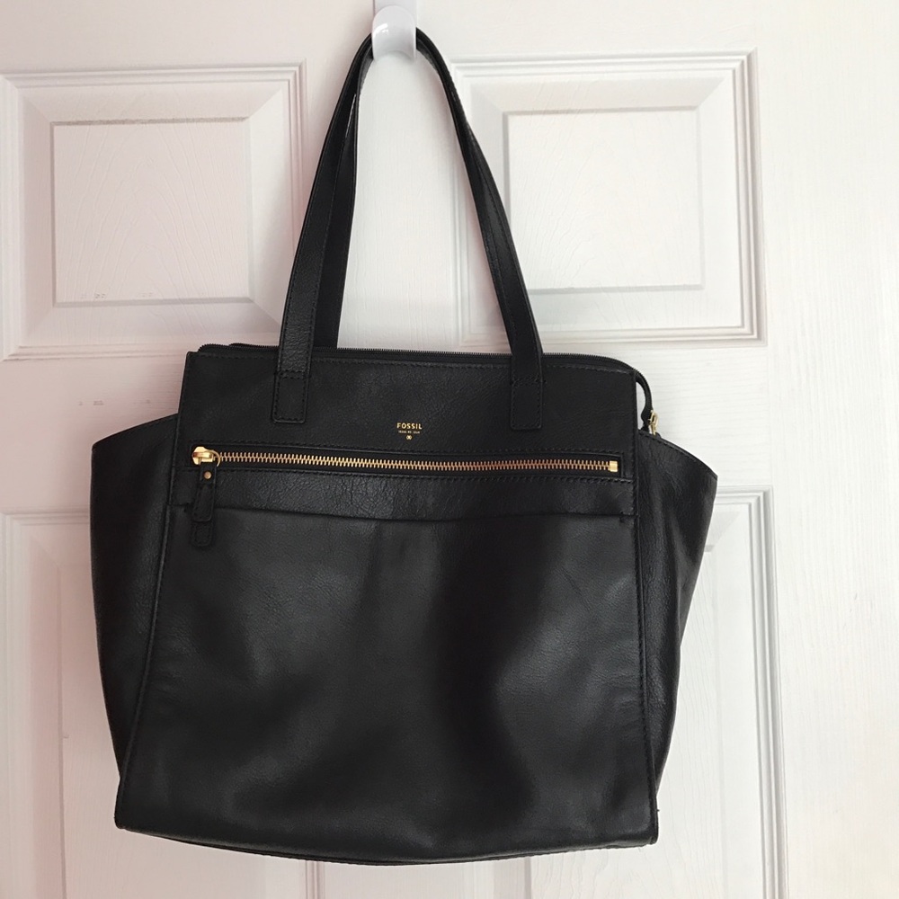 FOSSIL BLACK  +  GOLD LEATHER BAG