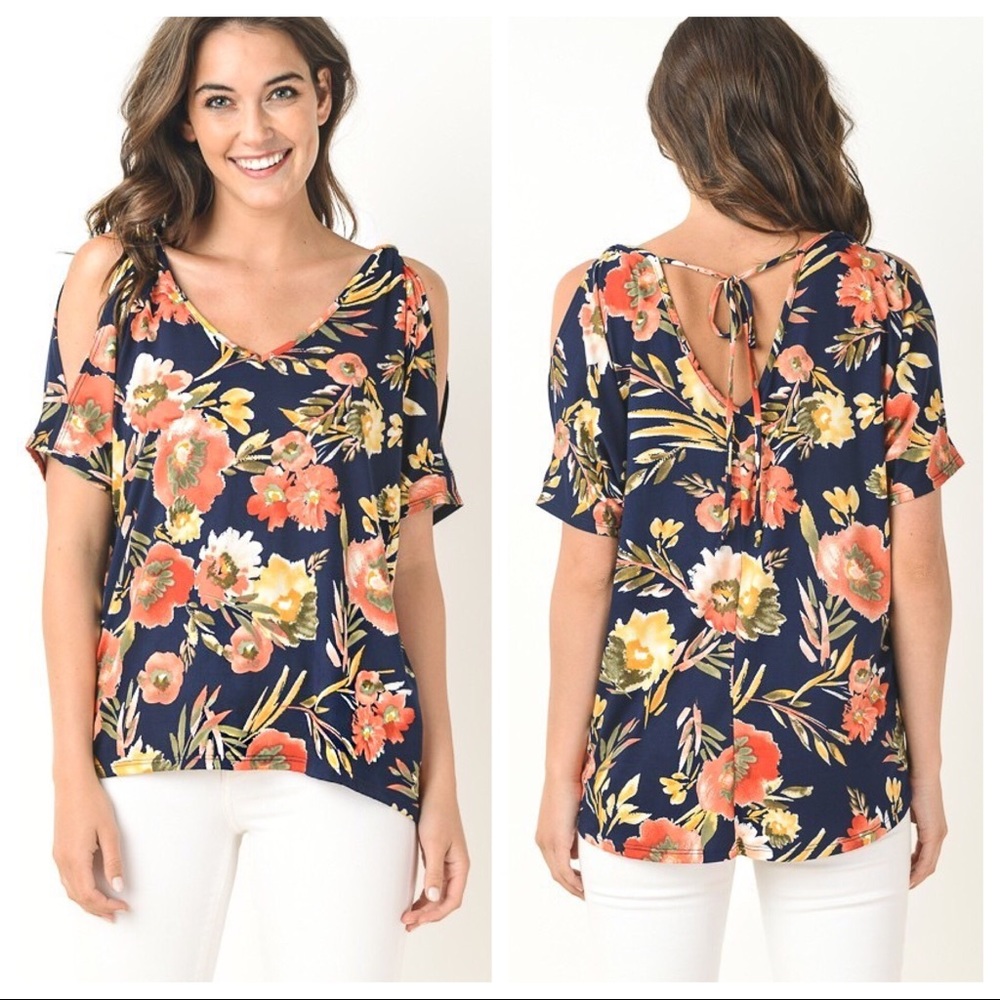 Floral Cold Shoulder Tie Back Double V Neck Top - Picture 1 of 8