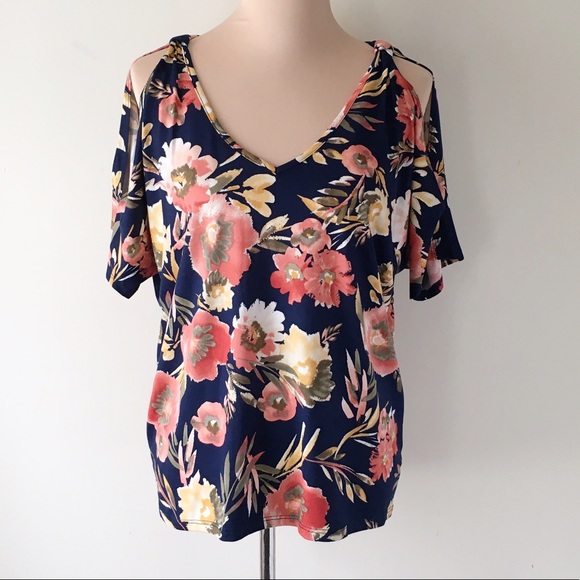 Floral Cold Shoulder Tie Back Double V Neck Top - Picture 5 of 8