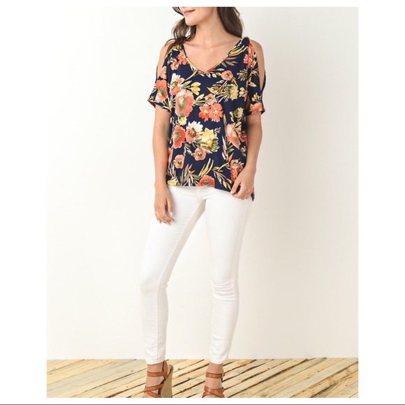 Floral Cold Shoulder Tie Back Double V Neck Top - Picture 4 of 8