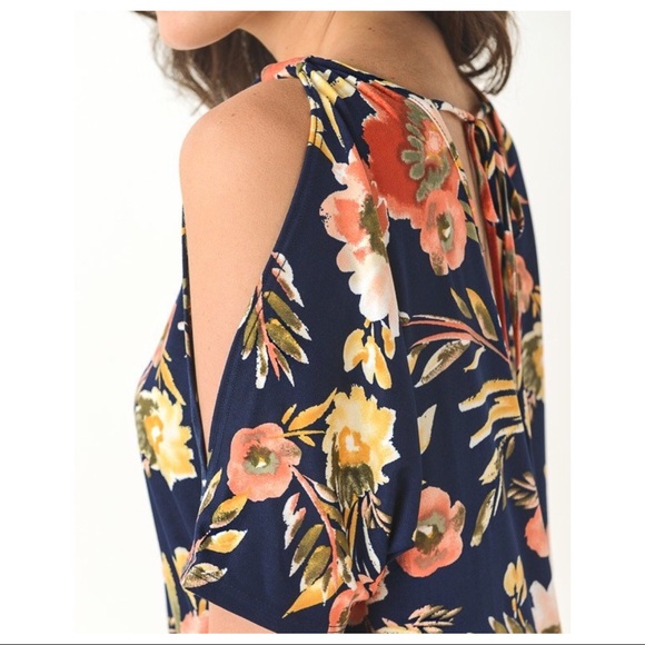 Floral Cold Shoulder Tie Back Double V Neck Top - Picture 2 of 8