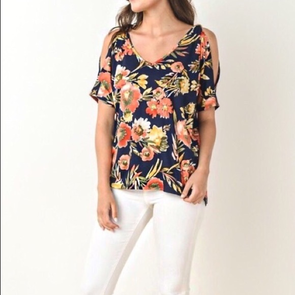 Floral Cold Shoulder Tie Back Double V Neck Top - Picture 3 of 8