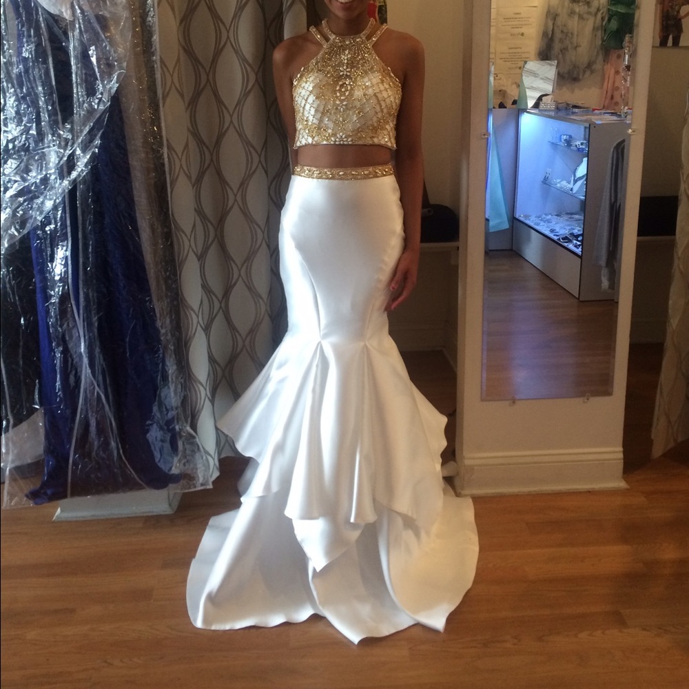 White and gold alyce Paris prom dress