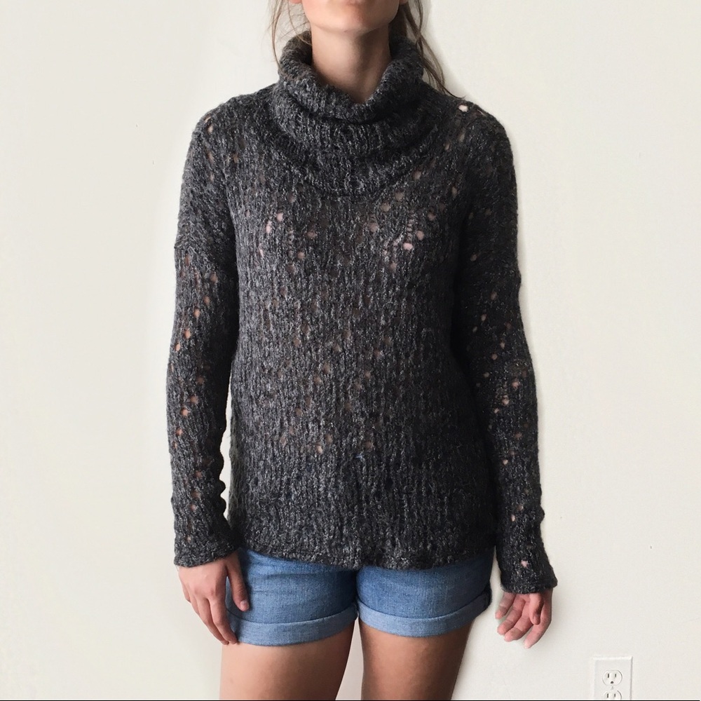 Open knit cozy cowl funnel neck slouchy sweater - Picture 2 of 5