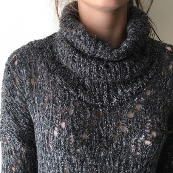 Open knit cozy cowl funnel neck slouchy sweater - Picture 3 of 5