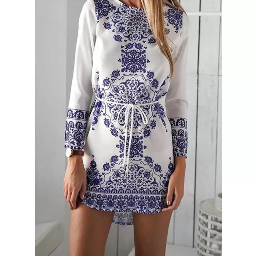 Ginny Blue and White Mandala High Low Mini Dress