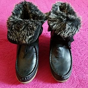 black furry heeled ankle boots