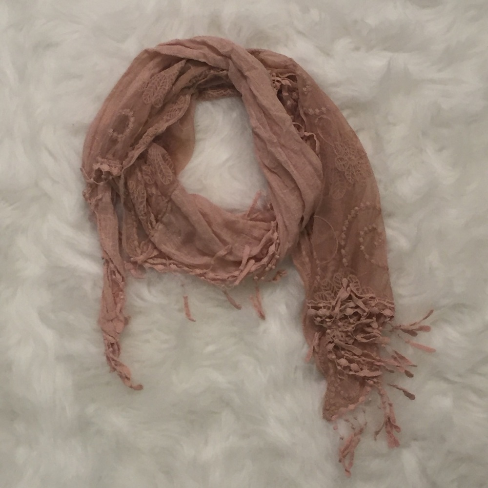 Tasseled embroidered mesh lace scarf