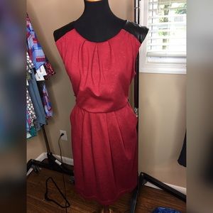 Patterned Red Dress with Leather Detailing