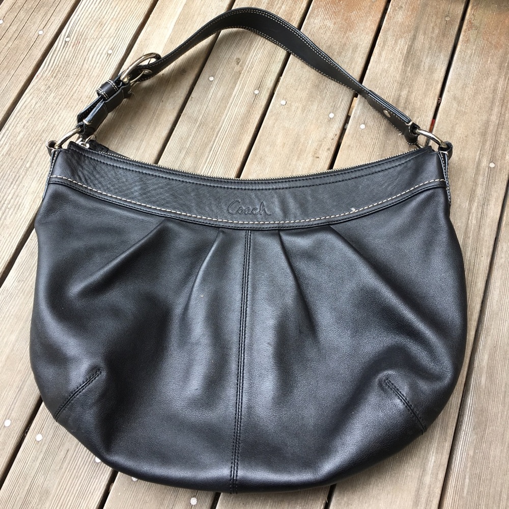 Coach black leather shoulder bag with stitching detail