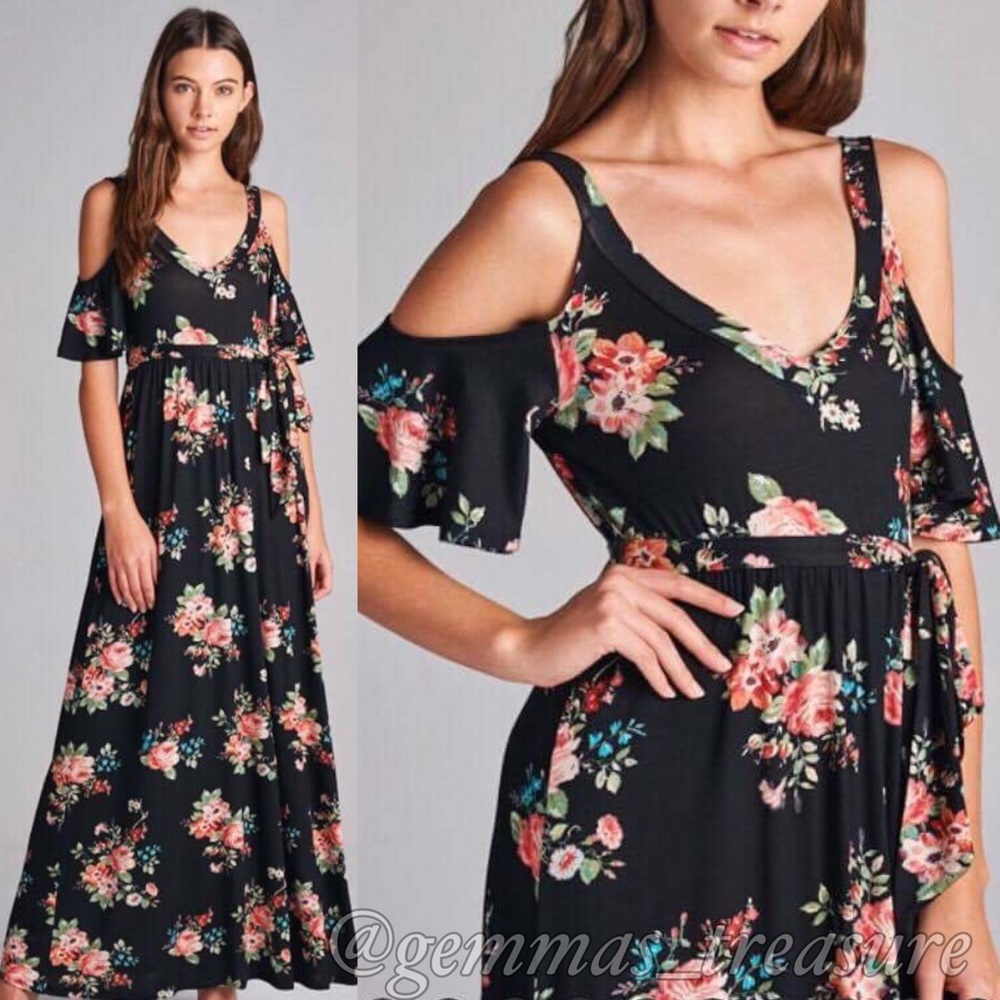 | LAST ONE | Black Floral Cold Shoulder Maxi || - Picture 1 of 2