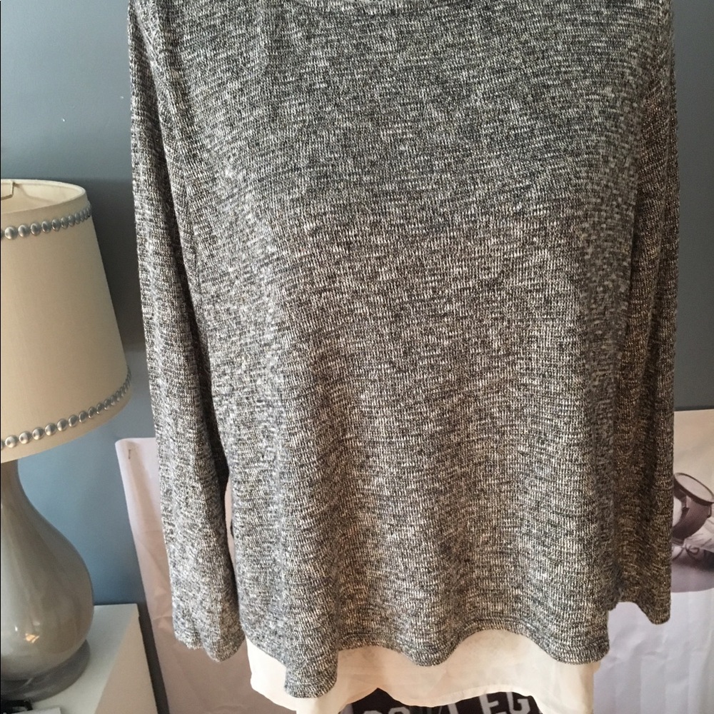 grey sweater with chiffon bottom and gold accents