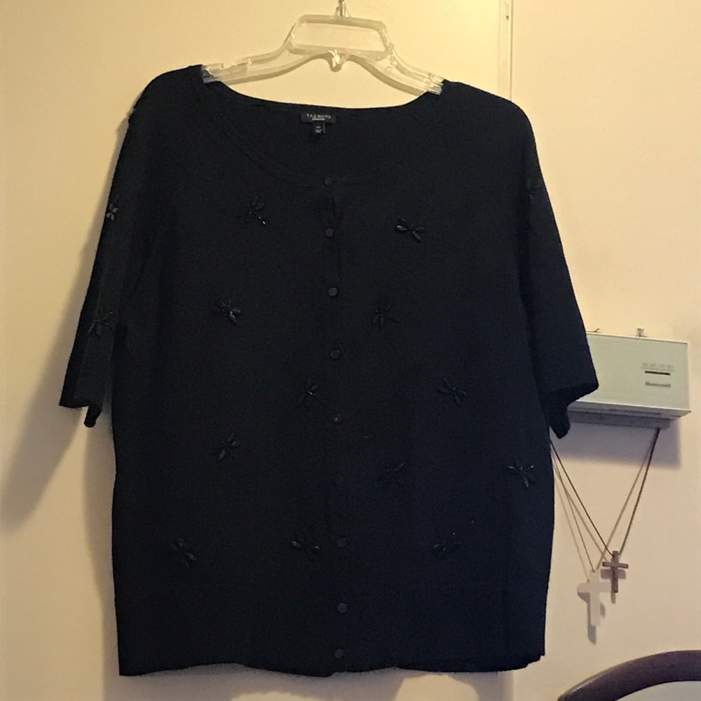 Talbots Beaded dragonfly short sleeve cardigan