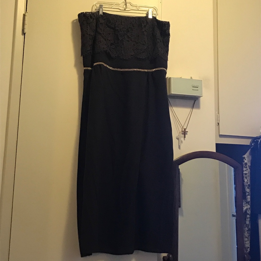 Silk and lace strapless evening gown