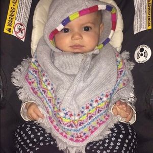 Grey multicolor poncho with fringe trim