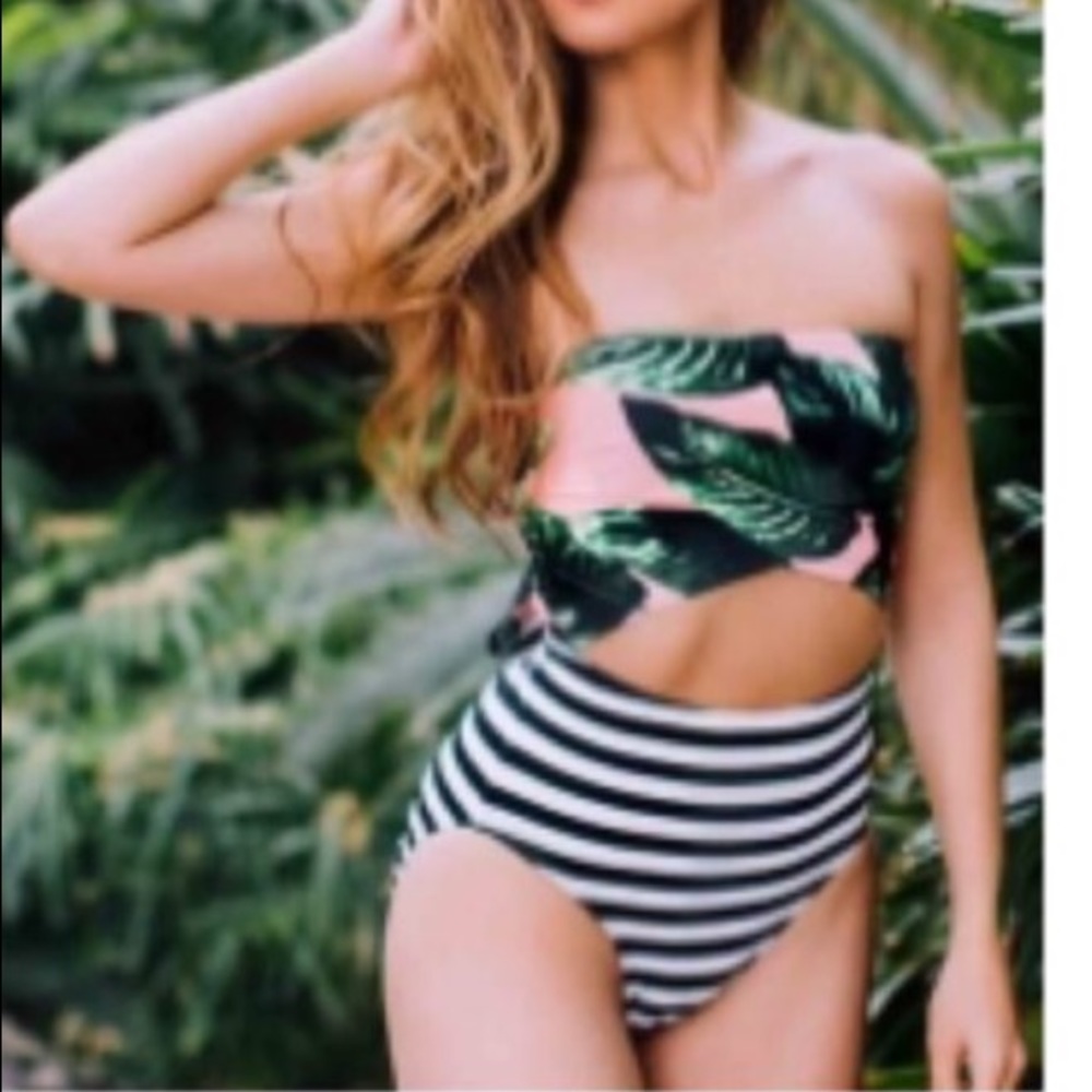 Stripe herbal tea leaf one piece bathing suit