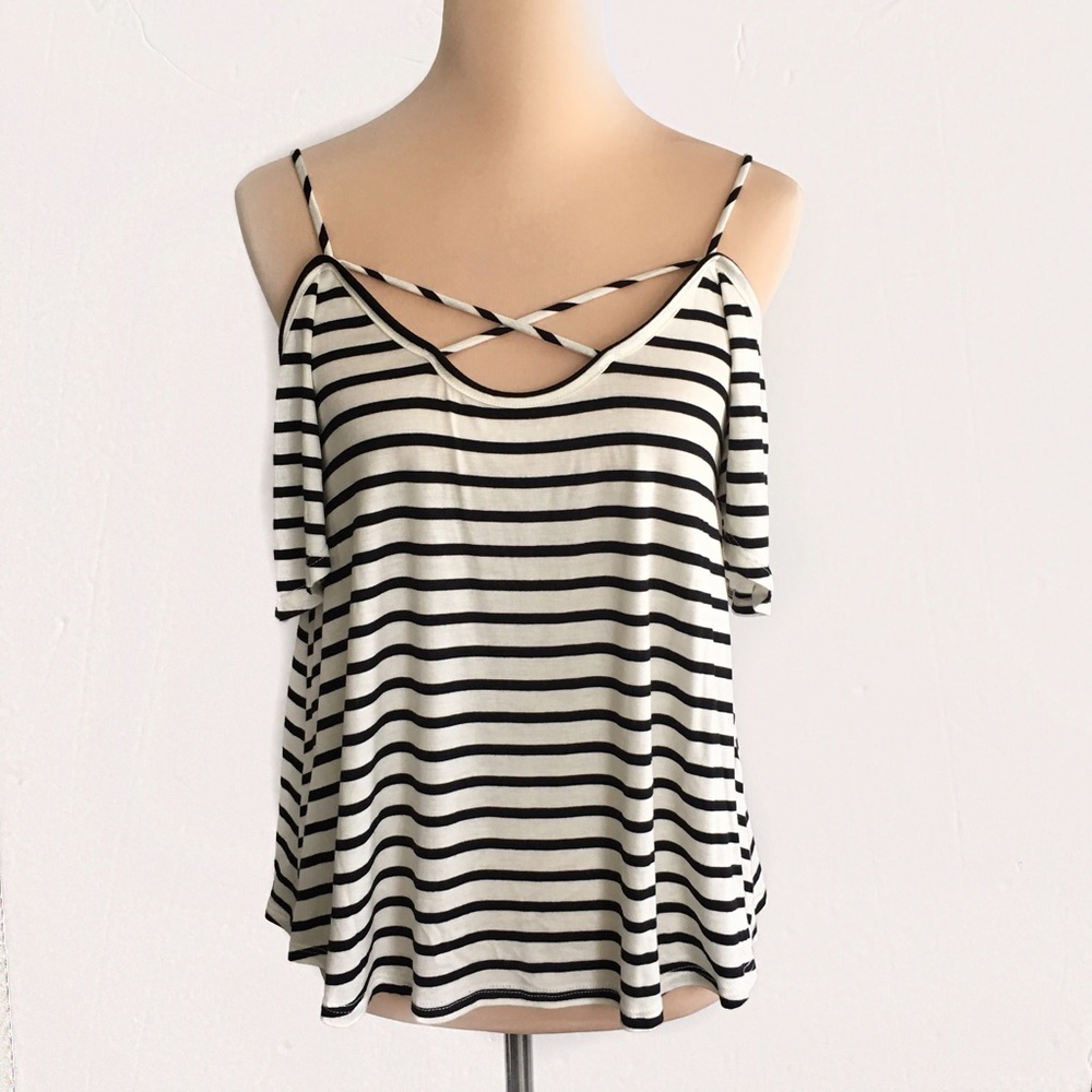Striped Cold Shoulder Cross Front Strap Top - Picture 3 of 8
