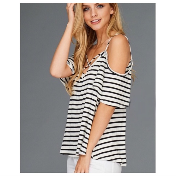 Striped Cold Shoulder Cross Front Strap Top - Picture 2 of 8